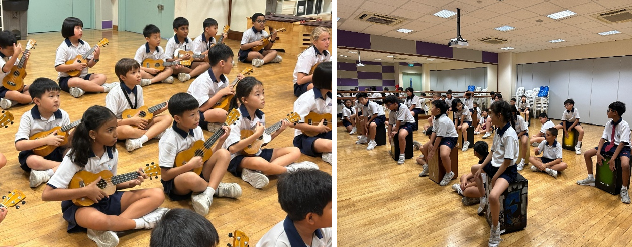 Students exploring music through learning the ukulele and creating rhythmic grooves on the cajon.